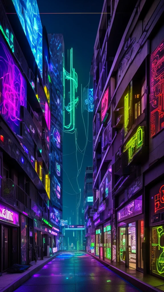 Create a cyberpunk snake design with a wire-like body and glowing circuit panels along its back.. The snake slithers across the walls of a building covered in digital graffiti and holographic screens.."