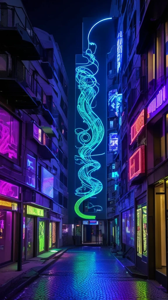 Create a cyberpunk snake design with a wire-like body and glowing circuit panels along its back.. The snake slithers across the walls of a building covered in digital graffiti and holographic screens.."