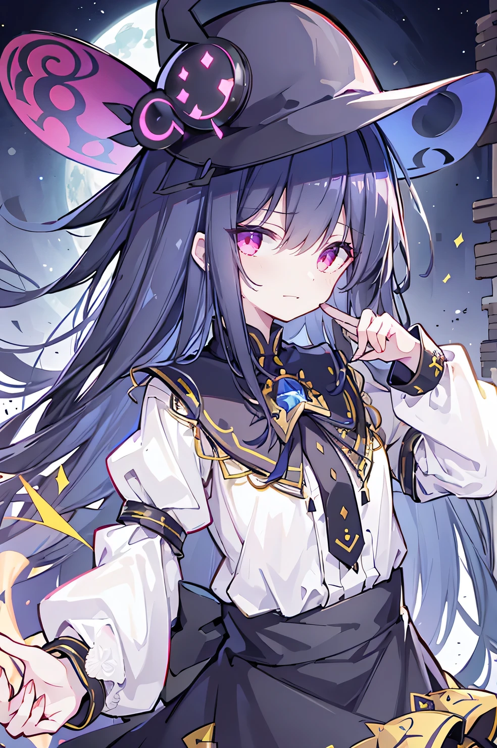 oung Girls,Humanity,A magician always smiles,big witch hat,cute,dark blue long hair,The eyes are dull,The bangs are heavy,Thin eyebrows,fantasy,intake,Double teeth,Star Theme,Constellation pattern,Solid color clothetal decoration,cloak,A bit of a dark atmosphere,A little crazy smile,When the big moon shines outside at night,blood,Hair black star embellishment,Short tie,No nails,High waist skirt,Bell sleeves,Long-sleeved shirt,Black tie,low risk,gentlemen。Mist、Yellow and white effect,Shocking pink as an accent color