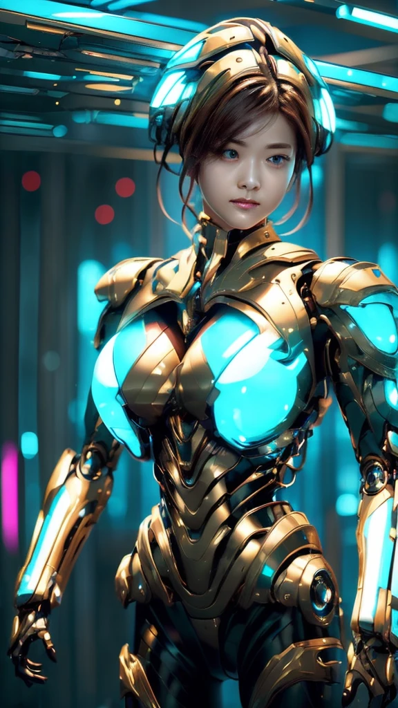 Highest quality, masterpiece, figure, (Realistic, photo-Realistic:1.37), wonderful, In detail, Incredibly absurd, Large file size, Very detailed, High resolution, Very detailed CG Unity 8k wallpaper, Very detailed目と顔, Ray Tracing, Browsing Caution, NUDE, One girl, Korean cyborg girl is innocent and young々Has a sly expression. She poses boldly with her arms raised above her head, Revealing her voluptuous figure. She is wearing a small black mecha armor top that barely covers her breasts., Exposing most of her flawless skin. Her shoulders and head have more armor detailing.、There are shining highlights, Tech Panels and Mechanisms. She is standing against a futuristic cityscape lit up with vibrant neon lights.、Standing full of energy。.