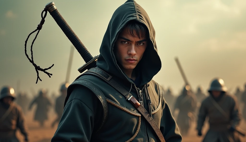 A film poster depicting a brave young man, wearing a hoodie, drawing his samurai on the battlefield with the words "Metamorfosis" written in capital letters in the centre,