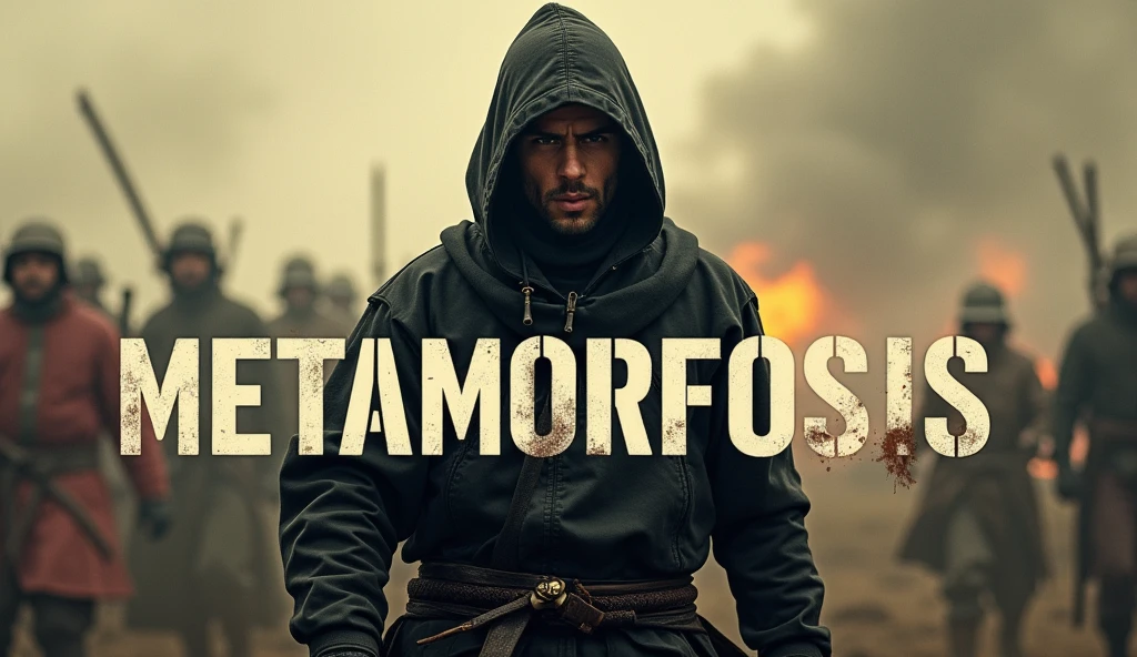 A film poster depicting a brave young man, wearing a hoodie, drawing his samurai on the battlefield with the words "Metamorfosis" written in capital letters in the centre,