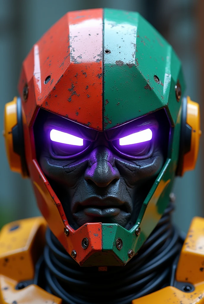 Cube-shaped helmet, front part is divided into four colors; red, green, blue and yellow. The eyes are rectangular, phosphorescent purple and with an angry expression, robotic style