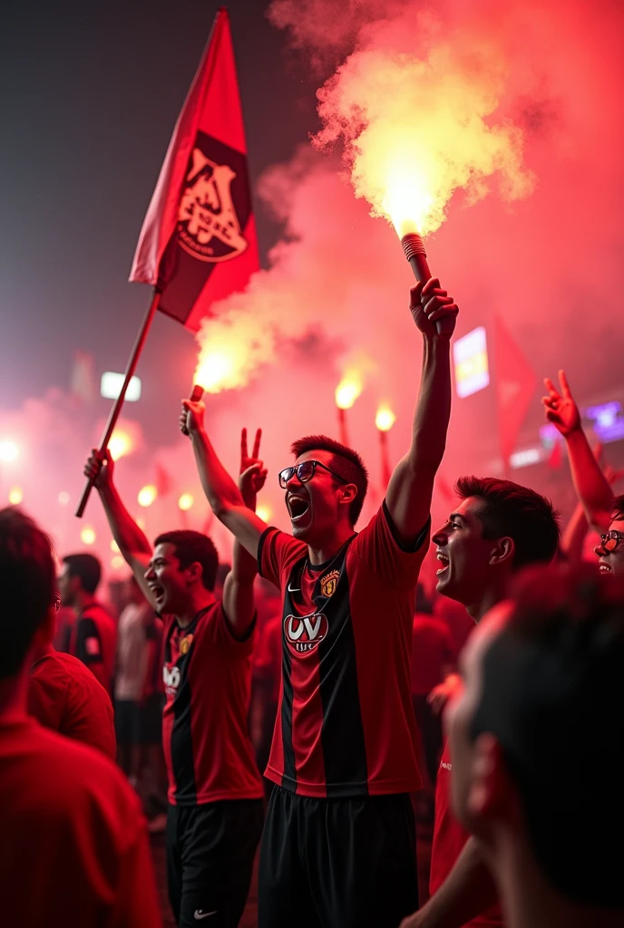 Fans of a soccer game, of a team called Mota whose colors are red and black. With canvas flags flares