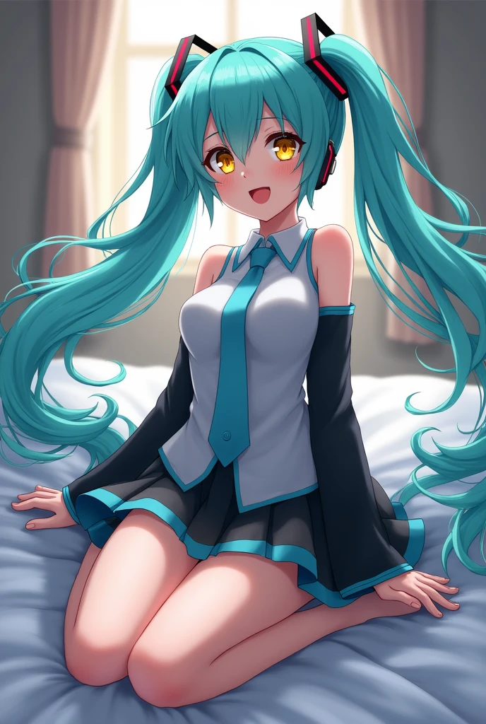 (Violent shaking,shake,ups and downs,motion Lines,sweat),GhostMiku_PonyXL,twintails, aqua hair,yellow eyes,necktie, long sleeves, seethrough-skirt,hitodama,the upper half of the body,heart,BREAK looking at viewer, BREAK indoors, bed, spread legs BREAK (masterpiece:1.2), best quality, high resolution, unity 8k wallpaper, (illustration:0.8), (beautiful detailed eyes:1.6), extremely detailed face, perfect lighting, extremely detailed CG, (perfect hands, perfect anatomy),