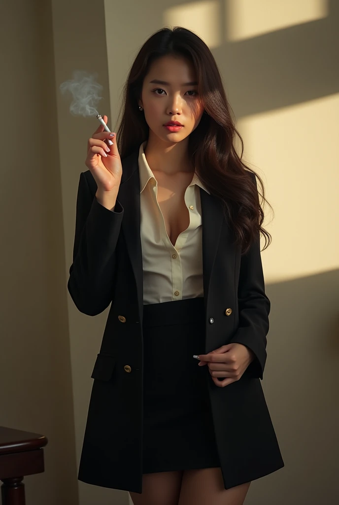 Young woman at 25: 1.3, Long hair: 1.2, Professional skirt: 1.2, Daytime: 1.2, Square: 1.2, cinematic lighting, Surrealism, UHD, ccurate, Super detail, textured skin, High detail, Best quality, 8k Beutiful asian image of a woman in a suit smoking a cigarette, oppai, (sfw) safe for work, with a normal breasts, seductive beautiful girl,[ 4 k digital ]!!, realistic , revealing clothes
