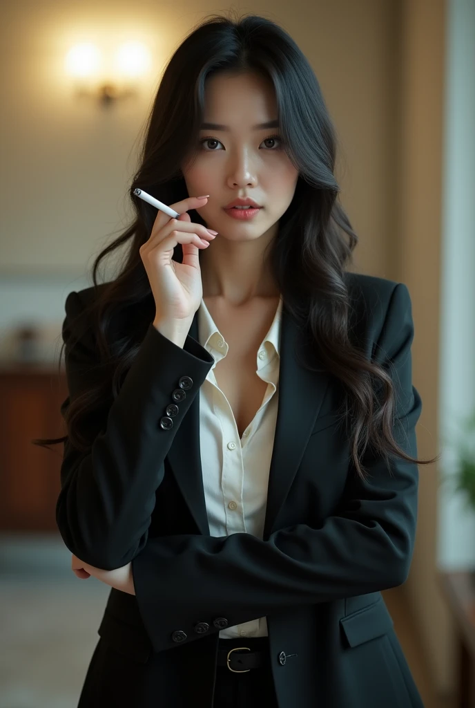 Young woman at 25: 1.3, Long hair: 1.2, Professional skirt: 1.2, Daytime: 1.2, Square: 1.2, cinematic lighting, Surrealism, UHD, ccurate, Super detail, textured skin, High detail, Best quality, 8k Beutiful asian image of a woman in a suit smoking a cigarette, oppai, (sfw) safe for work, with a normal breasts, seductive beautiful girl,[ 4 k digital ]!!, realistic , revealing clothes
