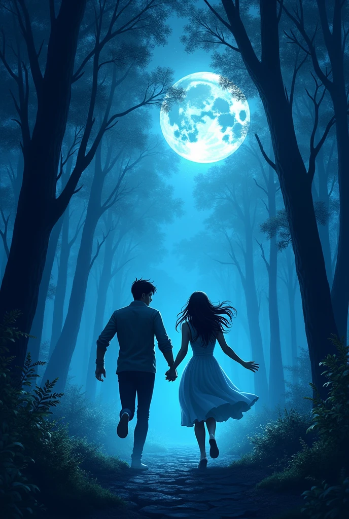 A book cover with a title "Midnight Kisser" in midnight blue fairytale like pallete with semi realistic couple running at midnight in the forest,