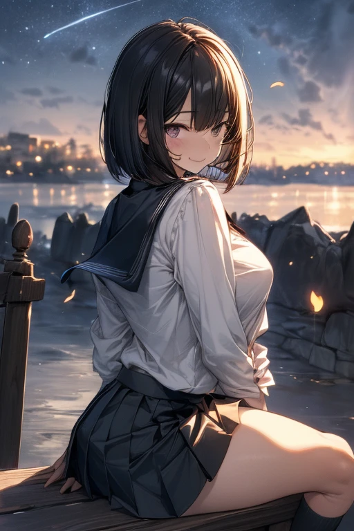  best quality, 1girl, solo, (osanai yuki), __posture__, short hair, black hair, bob cut, bangs, purple eyes, school uniform, red neckerchief, neckerchief, serafuku, sailor collar, socks, black skirt, skirt, long sleeves, pleated skirt, sweater, black socks, sleeves past wrists, black sailor collar, loafers, small breasts, breasts, cowboy shot, __looking__, __expression__, __background__. __posture__：standing\nstanding\n(contrapposto:1.1)\n(contrapposto:1.2)\n(sitting:1.1)\n(sitting:1.2) __looking__：looking_at_viewer\nlooking_at_viewer\nlooking_at_viewer\nlooking_at_viewer\nlooking_back __expression__：smile/nsmile/nsmile/nsmile, open_mouth/nsmile, closed_eyes/nopen_mouth/nshy/nlaughing/nangry/nevil/nlonely/ncrying __background__：outdoors, starry sky, night sky, sunset\nnight, night sky, cloudy sky, meteor, planet, cloud, star (sky), (starry sky:1.2)\n(outdoors), day, blue sky, cloud, nature, tree\noutdoors, day, blue sky, cloud, water\noutdoors, day, grass\ncherry blossoms, tree, outdoors, shooting star, petals, cloud\noutdoors, city, cityscape, scenery, building 