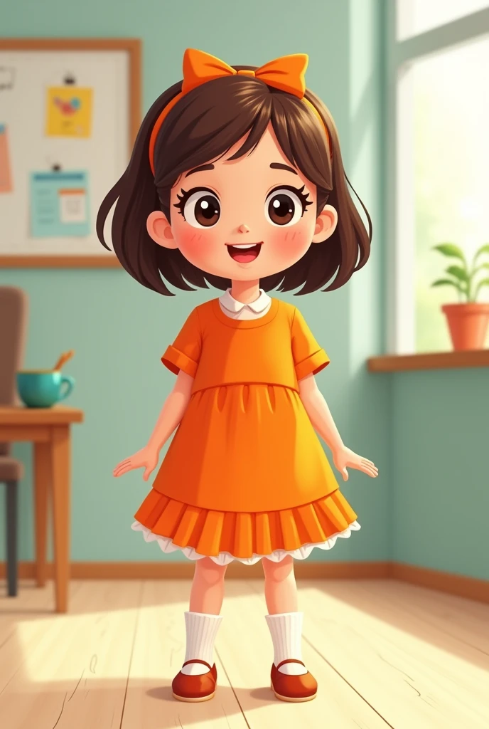 an image of a , front view, full body in an orange dress with different movements with hand , inspired by Mario Comensoli, a screenshot, behance, in school or classroom, children illustration, kids book illustration, childrenbook illustration, illustration for children, children's illustration, childrens book illustration, colorful kids book illustration