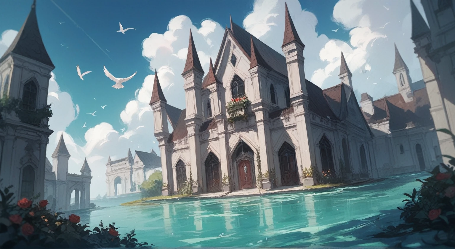 Gothic architecture,Clear sky,White Cloud,Standing water on the ground,Bird's eye view,Greenery,Concept map