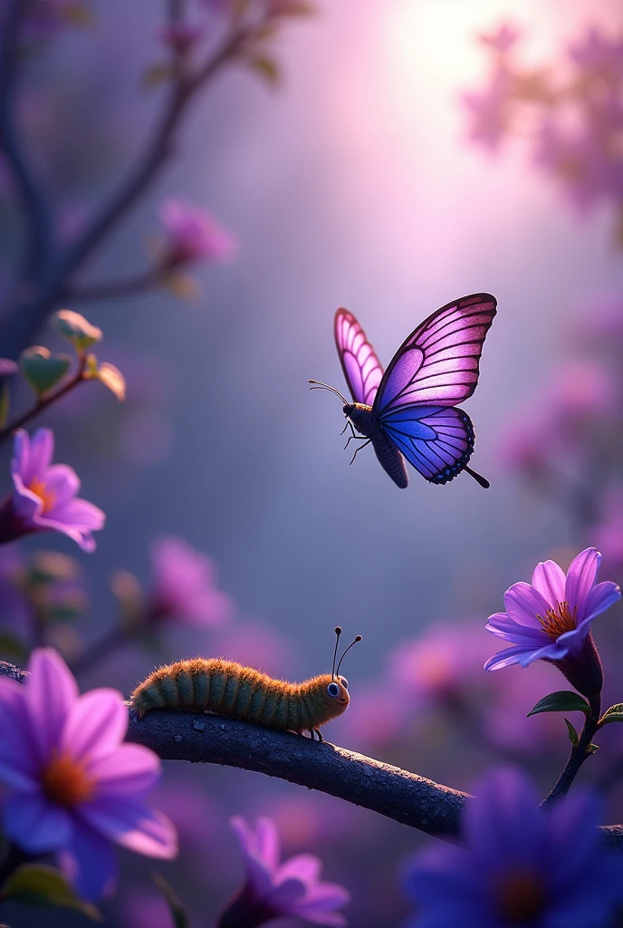 Purple flowers with a butterfly flying in the spotlight, accompanied by a caterpillar on a branch