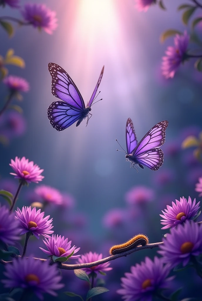 Purple flowers with a butterfly flying in the spotlight, accompanied by a caterpillar on a branch