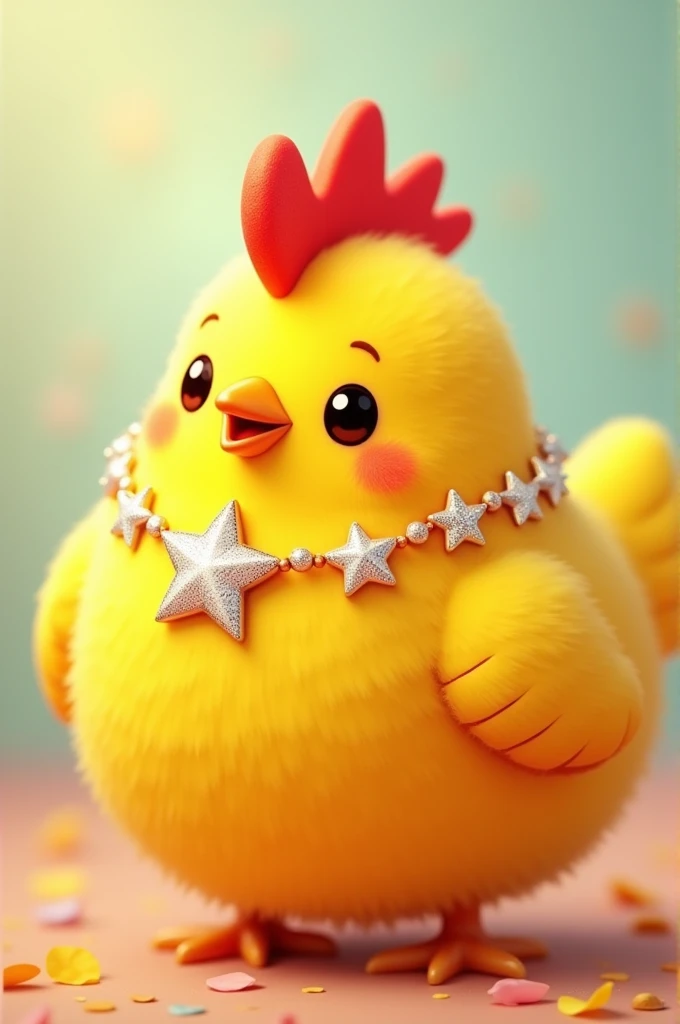 Yellow chicken with a star necklace