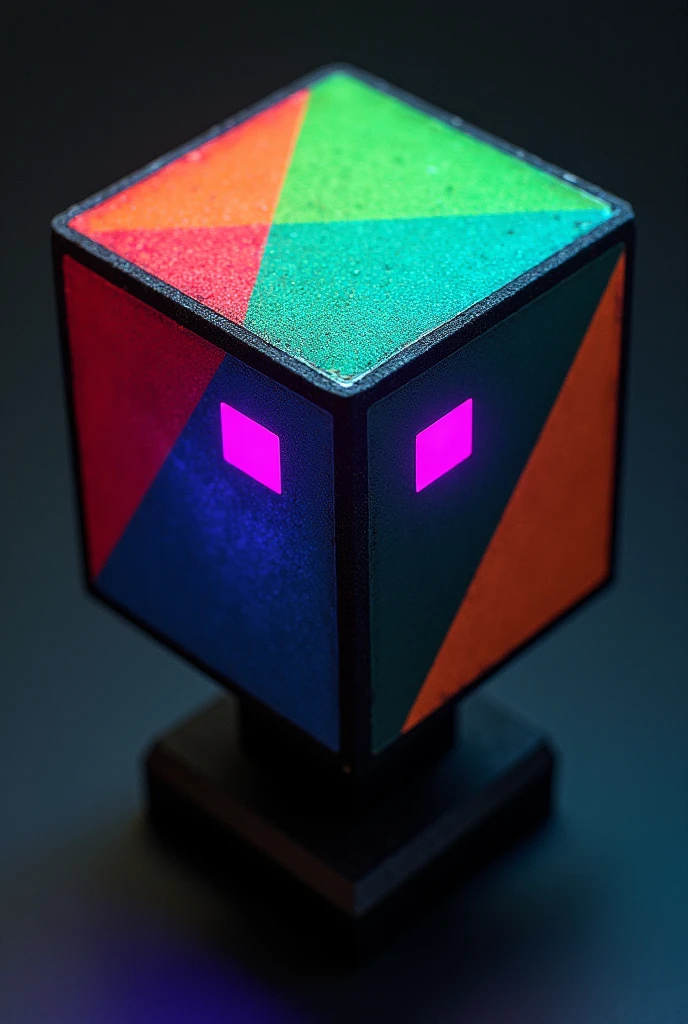 Cube-shaped helmet, front part is divided into four colors; red, green, blue and yellow. The eyes are rectangular, phosphorescent purple and with an angry expression
