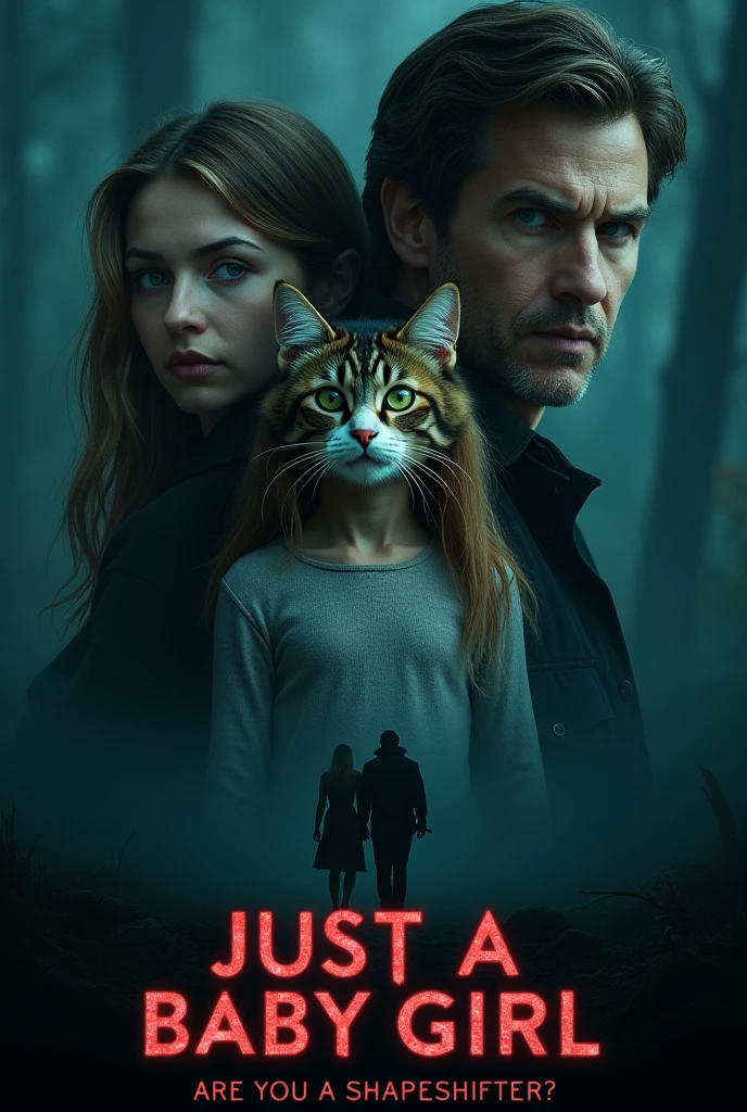 Make a movie poster,In the center of the poster is a Maine Coon cat,There was a little girl next to it,On the left is a woman,On the right is a man,The bottom says "Are you a shapeshifter?? Small letters on the bottom . Make a Hollywood Themed Poster for Just a Baby Girl,Make it mysterious and dark