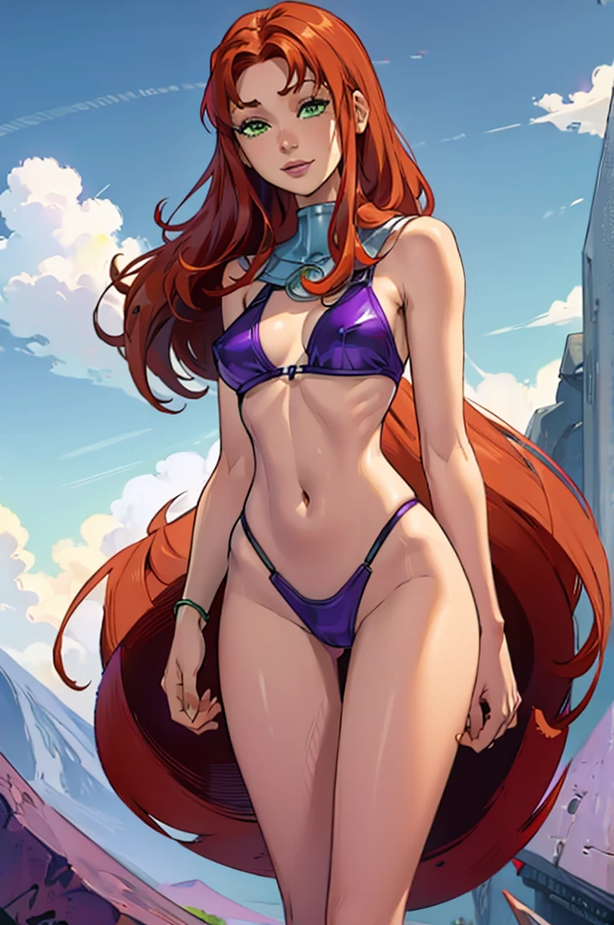 starfire, smile, slender body,
orange skin, red hair
purple_bikini, NSFW, sexy pose,karen gillan