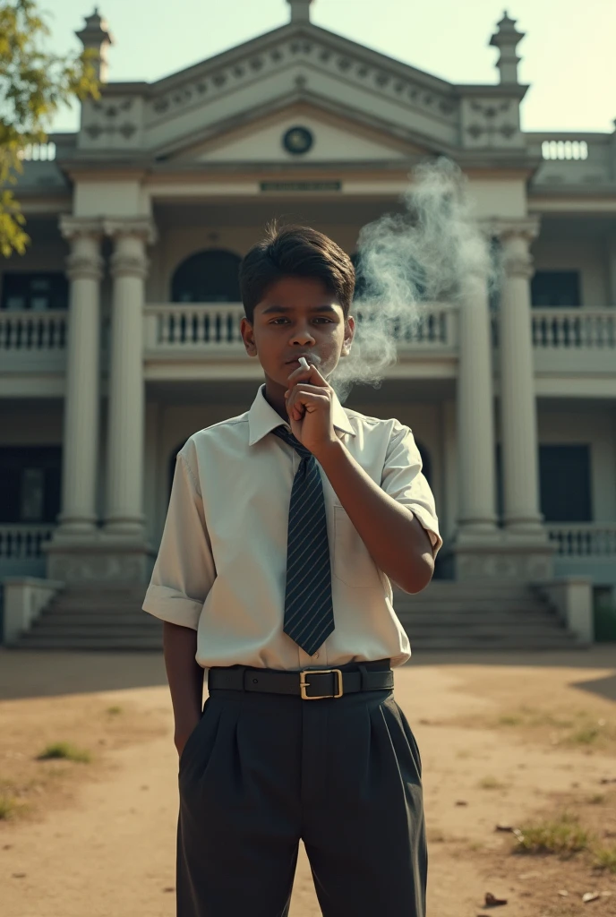 A boy in  Indian school uniform smoking outside the school