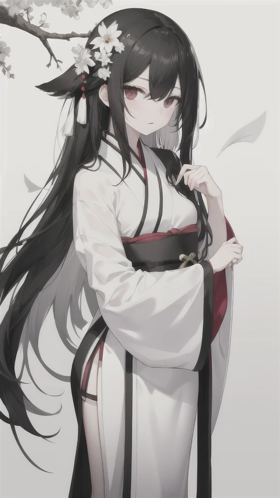 wagtail,Long black hair that fades into white,black and white hanfu,Black left eye,silver right eye