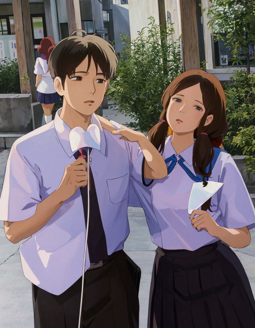 ghibli style, they are two people standing next to each other in a street, jk uniform, magical school student uniform, wearing school uniform, kim doyoung, wearing a school uniform, wearing japanese school uniform, magic school uniform, jinyoung shin, school uniform, ulzzang, lovely couple, cai xukun, japanese school uniform, jaeyeon nam, sakimichan, 2 people, couple, two people
