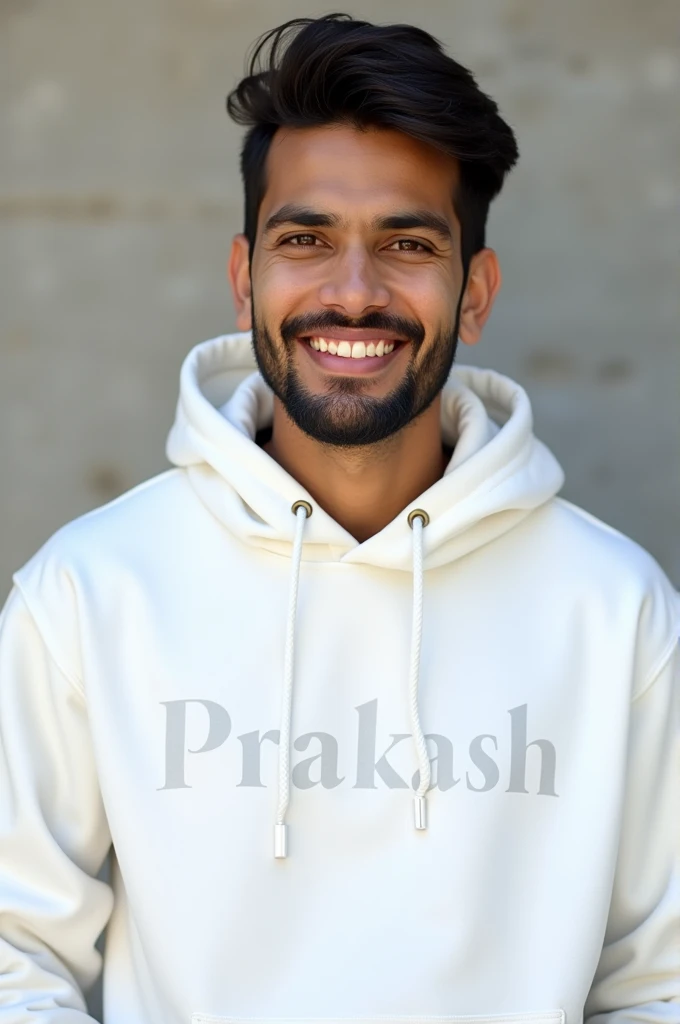 Create a image a man wearing a white huddy name called prakash