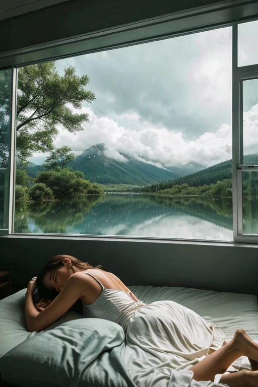 Create a dreamy and surreal scene featuring a female camper lying in the sky and sleeping. She is floating gently on a soft surface, as if drifting among the clouds. The sky around her is a blend of soft, ethereal colors. In the background, imagine mountain ash trees visible through a large, clear glass window, with raindrops streaming down the glass and a continuous, gentle rain falling outside. The overall atmosphere should convey a sense of peacefulness and tranquility, blending elements of nature and dreamlike serenity."

