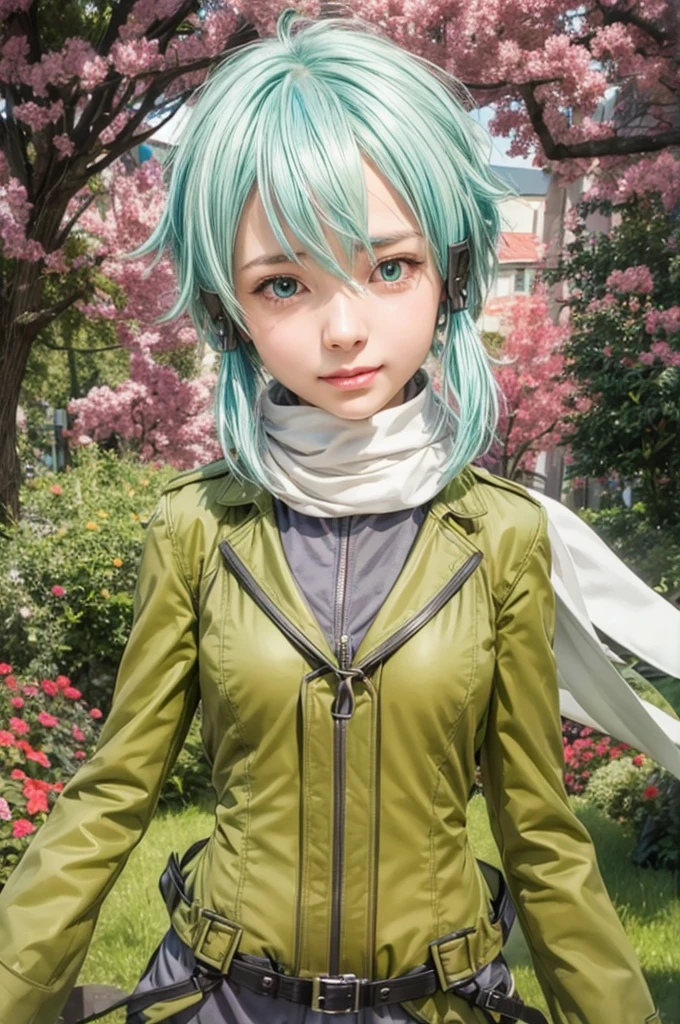 masterpiece, best quality, (realistic,photo-realistic:1.4), (RAW photo:1.2), extremely detailed CG unity 8k wallpaper, delicate and beautiful, amazing,finely detail, official art, absurdres, incredibly absurdres, huge filesize, ultra-detailed,extremely detailed eyes and face,light on face,sinon,(little smile),(blue hair:1.4),(short hair:1.4),(wearing green trench coat:1.5),nature background,(sidelocks:1.4),hair clips,white scarf