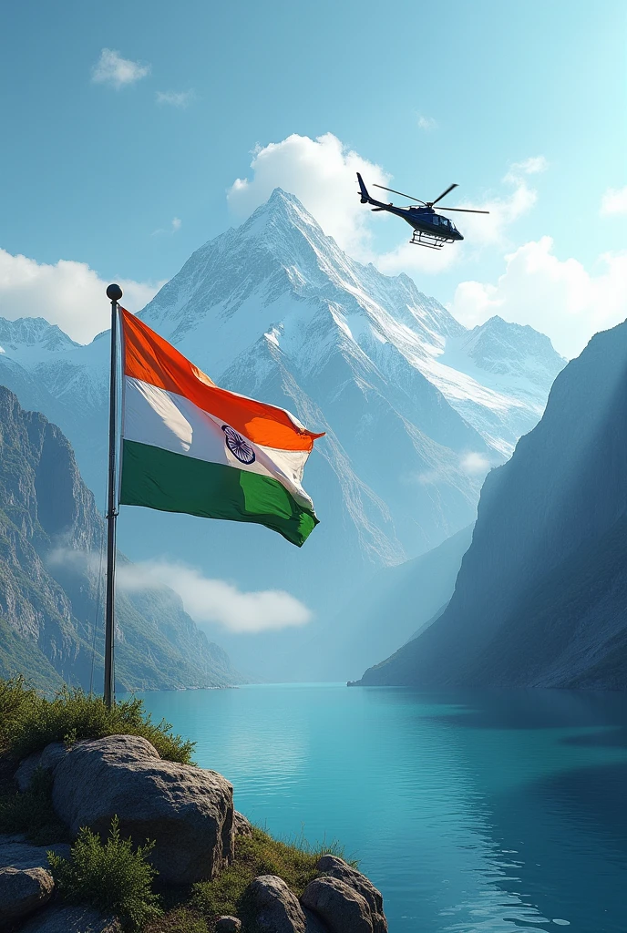 Indian flag on a beautiful mountain surrounded by water with flaying helicopter in the sky