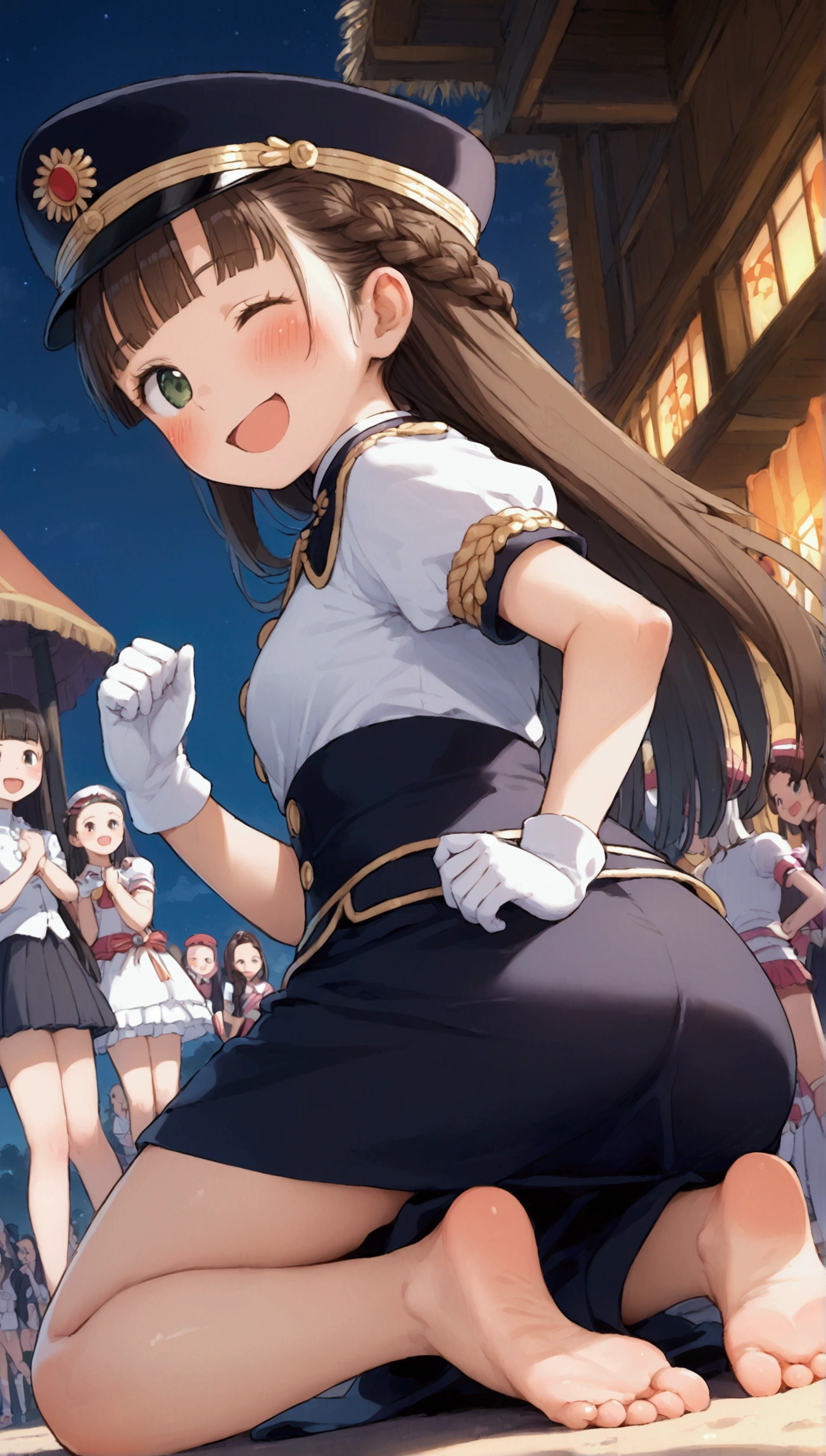 {Highest quality}, {Super beautiful},{Ultra fine},{Best illustration},Brown Hair,Hime cut,long hair,Braid,One woman,Kneeling Woman,Strike a pose,Adult women,smile,Excited face,Wink,Uniform cap,White Shirt,Short sleeve,long black skirt,White gloves,Night Festival,Blushing,Slender,barefoot,barefoot,From an angle,From below,Spread your legs,Sole,Back view