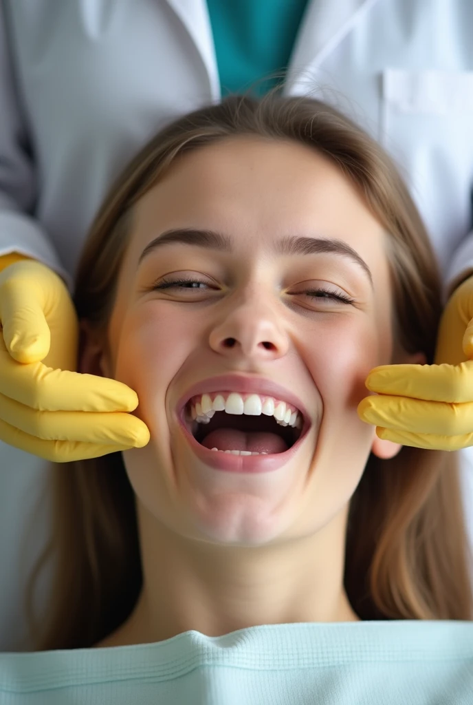 A close-up image of young woman with her mouth open, smiling widely. A dentist is standing behind her, wearing a white coat and yellow gloves, and the dentist is pointing fingers at the woman's teeth.
