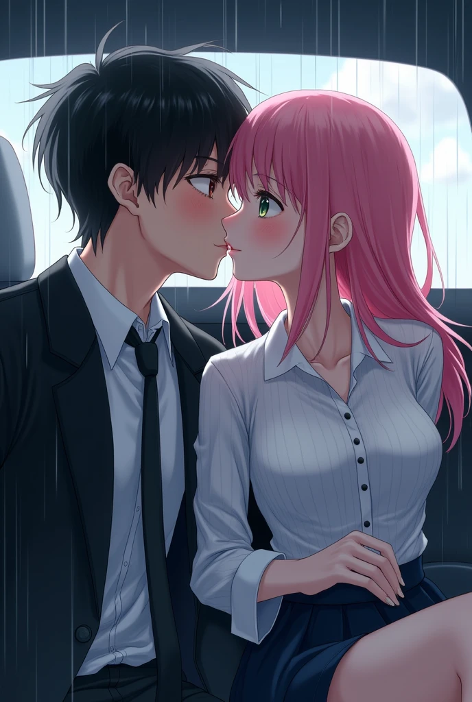 Masterpiece, best quality, super detailed, illustrations, beautiful detail eyes, close up, with a boy and a girl. It was pink hair, white pleated shirt, cracked buttons on the chest, skirt. The boy is black hair, black suit, black pants. Boy and girl hugging in car, hot kiss, rainy weather