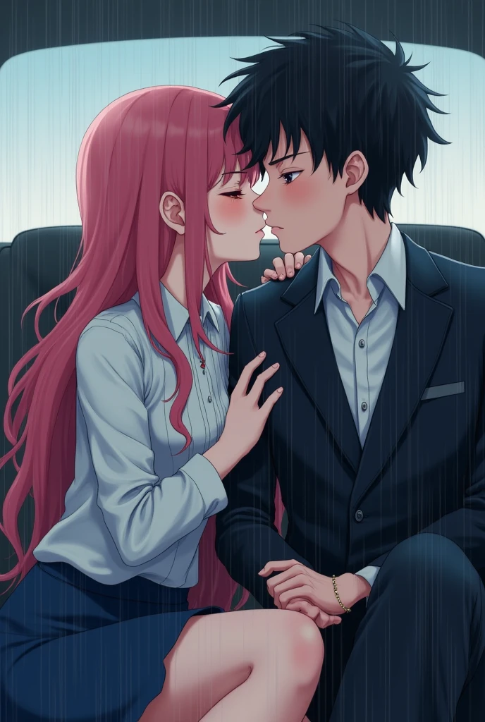 masterpiece, Best quality, super detailed, illustration, beautiful detailed eyes, Close-up, with a boy and a girl. It was pink hair, white pleated shirt, the button on his chest cracked, skirt. The boy has black hair, Black suit, black trousers. Boys and girls kiss in the car, heavy rain