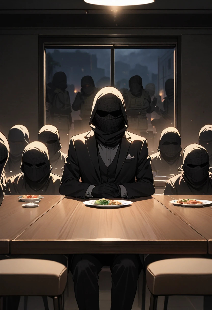 sitting at the table, 10 terrorists, black balaclava, black tuxedo, night, dark room