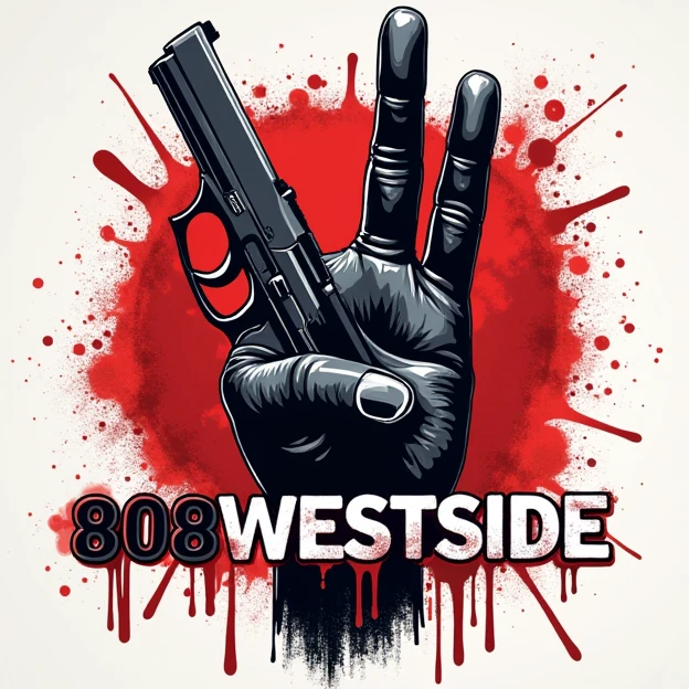 A Label art "808WESTSIDE" for  a T-shirt with west coast hand sign formed by intertwining the middle finger and ring holding a glock and blood scarttered 