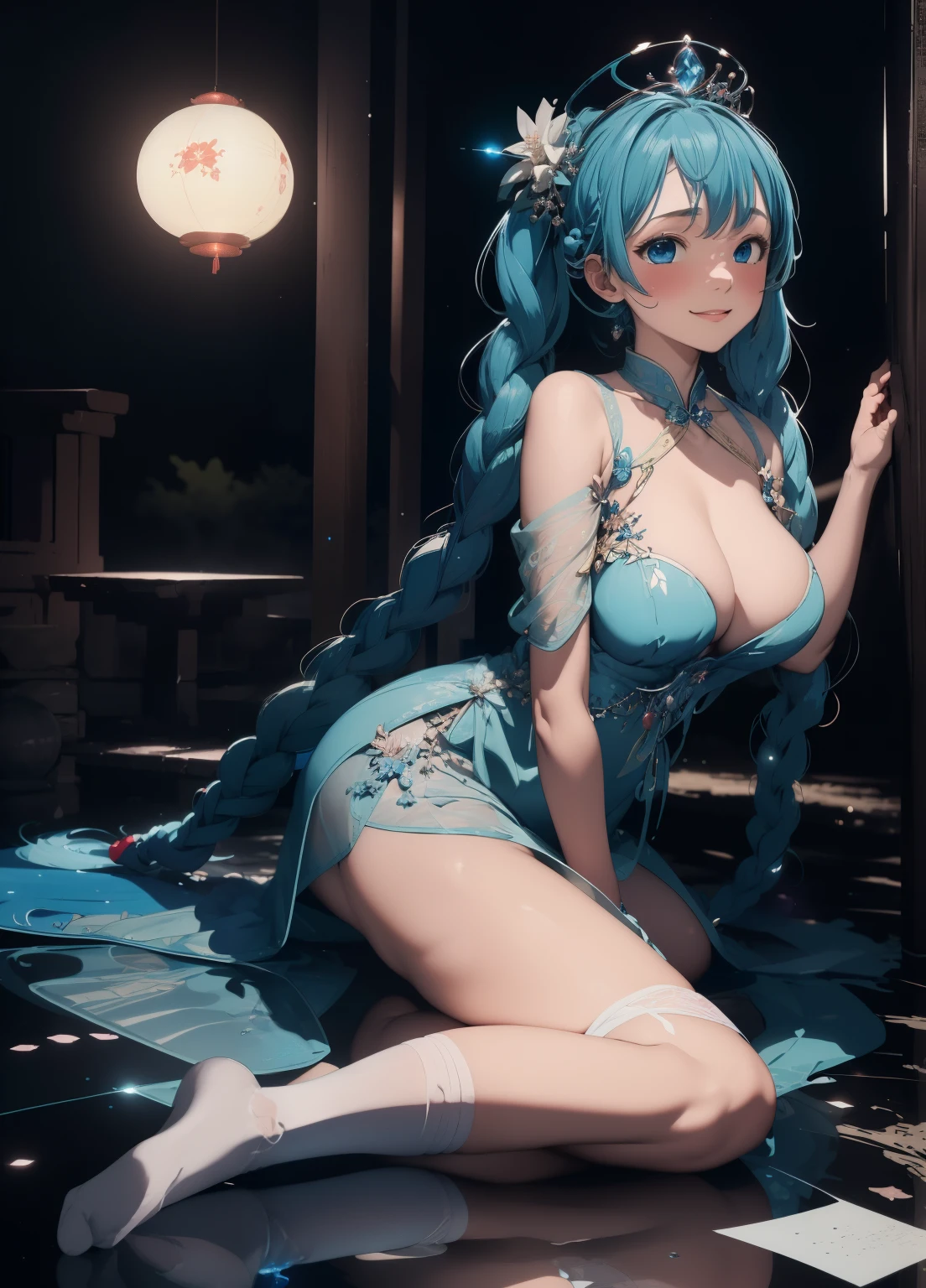 (masterpiece、Highest quality、Highest quality、Official Art、Beautiful and beautiful:1.2)、(One girl:1.3)Hatsune Miku、Twin tails,Beautiful breasts, Katsushika Hokusai,（Full body photo），Fluorescent background，（Witch 1 person，Flash Fluorescence，hat，Transparent tulle Chinese dress，A delicate tiara，smile），（Paper Art，Quilted Paper Art，geometry），（Many colors，The best quality at its best，High detail，masterpiece，Cinematic lighting effects，4K，Light and dark contrast），Blue sheer tulle dress，Braid，Red knee-length socks，Luminous Totem，blue eyes，Blue hair and large breasts，長いBraid，