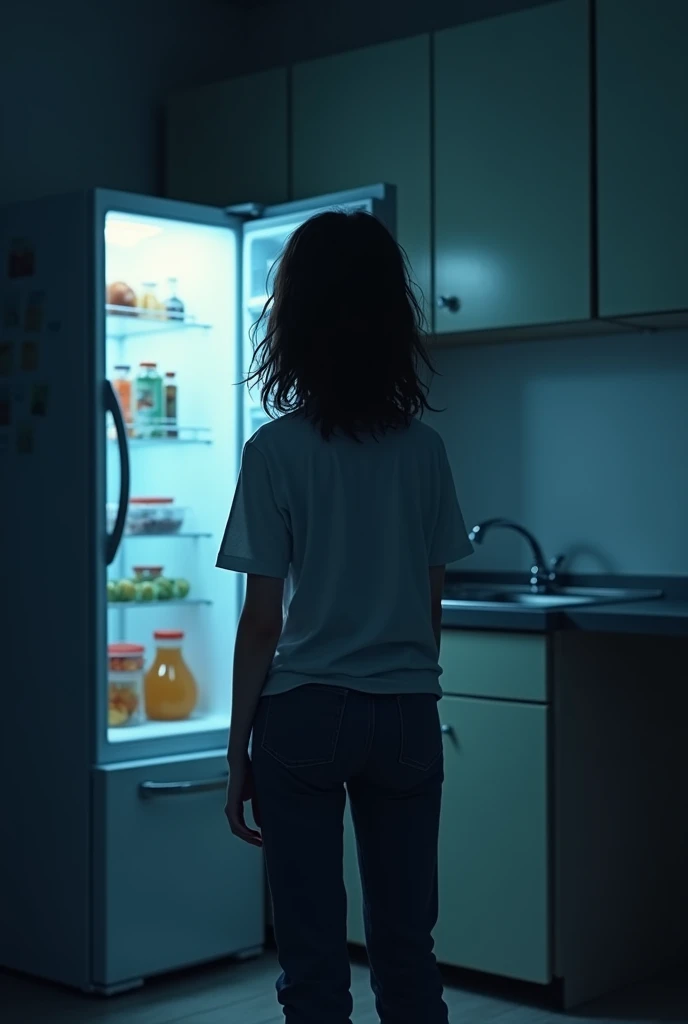 A girl opening fridge in back pose in the night in the kitchen wearing pant and shirt with cupboard and wash basin