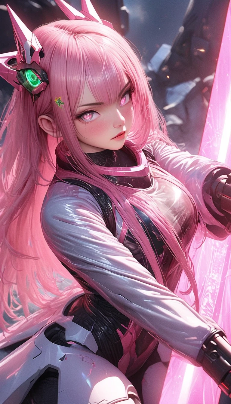 ((masterpiece))) whole body, whole body Shot (One Girl) ((Pink Hair, Long Hair, Straight hair, Both sides up))), ((Green Eyes))), eye shadow, eyeliner, Glow Eye, Hyper Detail Eye, Complex eyes, Beautiful Eyes, Detailed eyes, (((Star-shaped pupils, Shining pink eyes))) 18-year-old girl. (Wearing a transparent PVC jacket)) huge cool weapon mechanical in hand, huge cool weapon mechanical, Mecha, Mechaanism, mechanical, Open Stance, Coalesce(Realistic skin texture:1.3), rtrophto1
