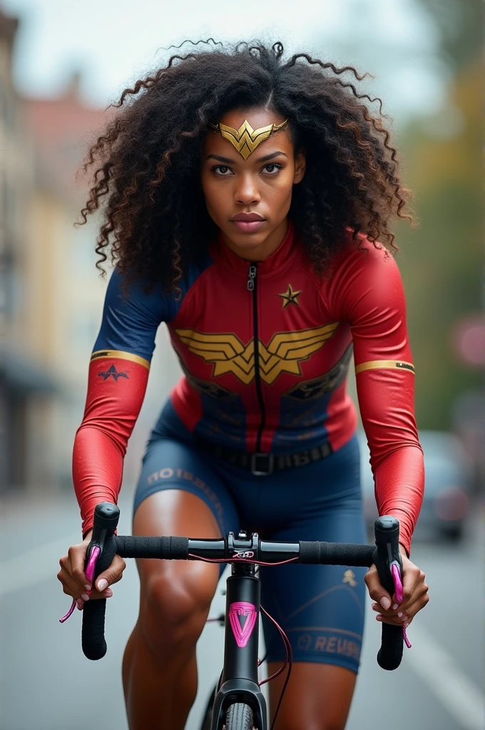 Create an image of a mulatto cyclist with curly hair, the bike is a black mountain bike with pink details and the outfit is a special cycling outfit alluding to Wonder Woman and is long-sleeved