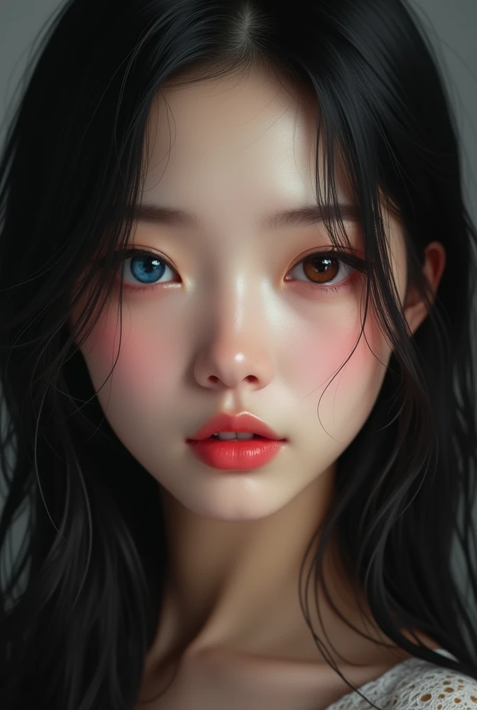 Gorgeous face, Asian, Korean woman, heterochromia, different colored eyes, One eye is blue, One eye is brown, pensive, black long hair, lush lips, hyperrealism, realistic face, 