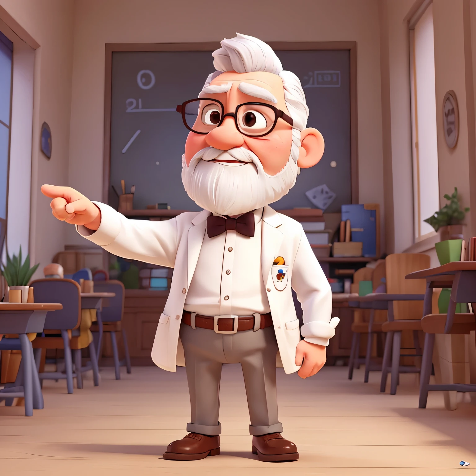 Full-body image, pixar character, little man, Profile position, arm up pointing with finger, short, very serious, 70 years old, he has a white beard, white mustache, White hair, teacher, wearing white coat and bow tie, wear glasses, hands up
