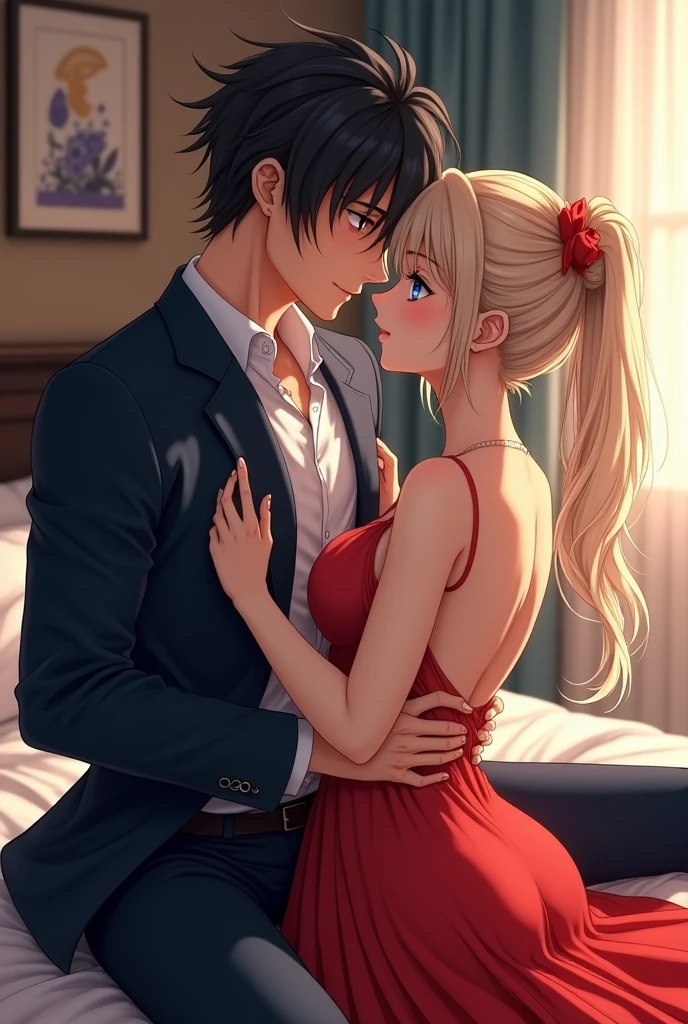 an anime couple of lovers, a tall, athletic young man with dark hair, long hair, dark blue eyes, white skin and a woman with white skin, blonde hair, long buns in buns and blue eyes with a striking eyebrow and make her wear a red dress and he wears a suit and is taking off the dress. They are in the bedroom, they create the image that transmits feelings of pleasure and excitement between them in a realistic image, of high quality and resolution