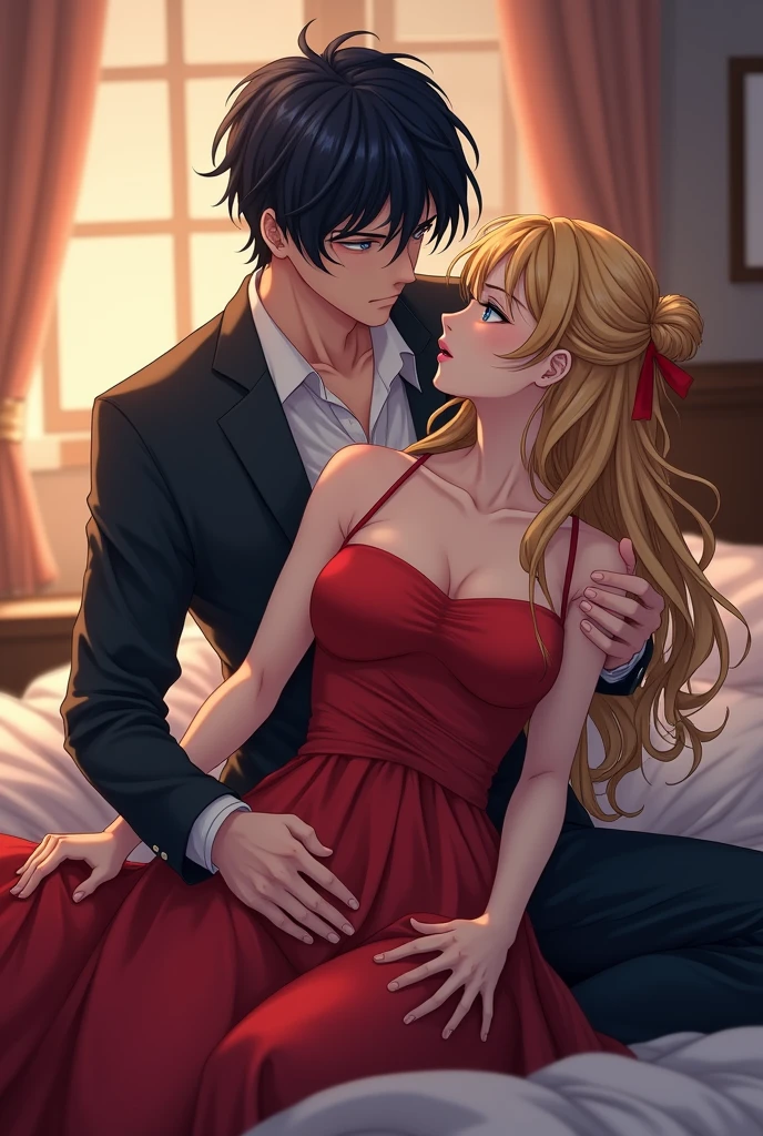an anime couple of lovers, a tall, athletic young man with dark hair, long hair, dark blue eyes, white skin and a woman with white skin, blonde hair, long buns in buns and blue eyes with a striking eyebrow and make her wear a red dress and he wears a suit and is taking off the dress. They are in the bedroom, they create the image that transmits feelings of pleasure and excitement between them in a realistic image, of high quality and resolution