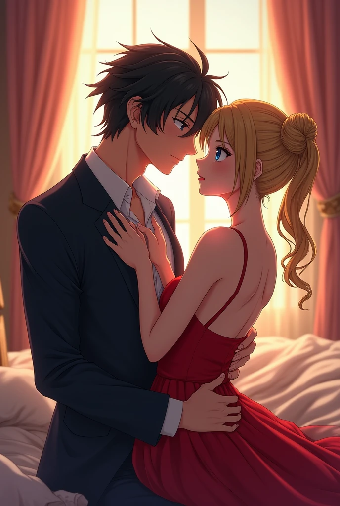 an anime couple of lovers, a tall, athletic young man with dark hair, long hair, dark blue eyes, white skin and a woman with white skin, blonde hair, long buns in buns and blue eyes with a striking eyebrow and make her wear a red dress and he wears a suit and is taking off the dress. They are in the bedroom, they create the image that transmits feelings of pleasure and excitement between them in a realistic image, of high quality and resolution