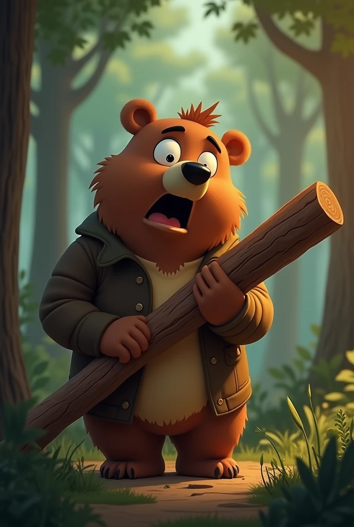 big brother bear with a log in his hand with a scared face in the animated forest