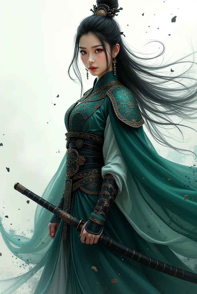 1 girl, heroine, handsome, splashed ink, Chinese armor, (upper body), black hair, floating hair, delicate eyes, black and green antique damask Hanfu, fov, (f1.8), (masterpiece), (portrait shot), front shot, white background, (movie poster), weapon