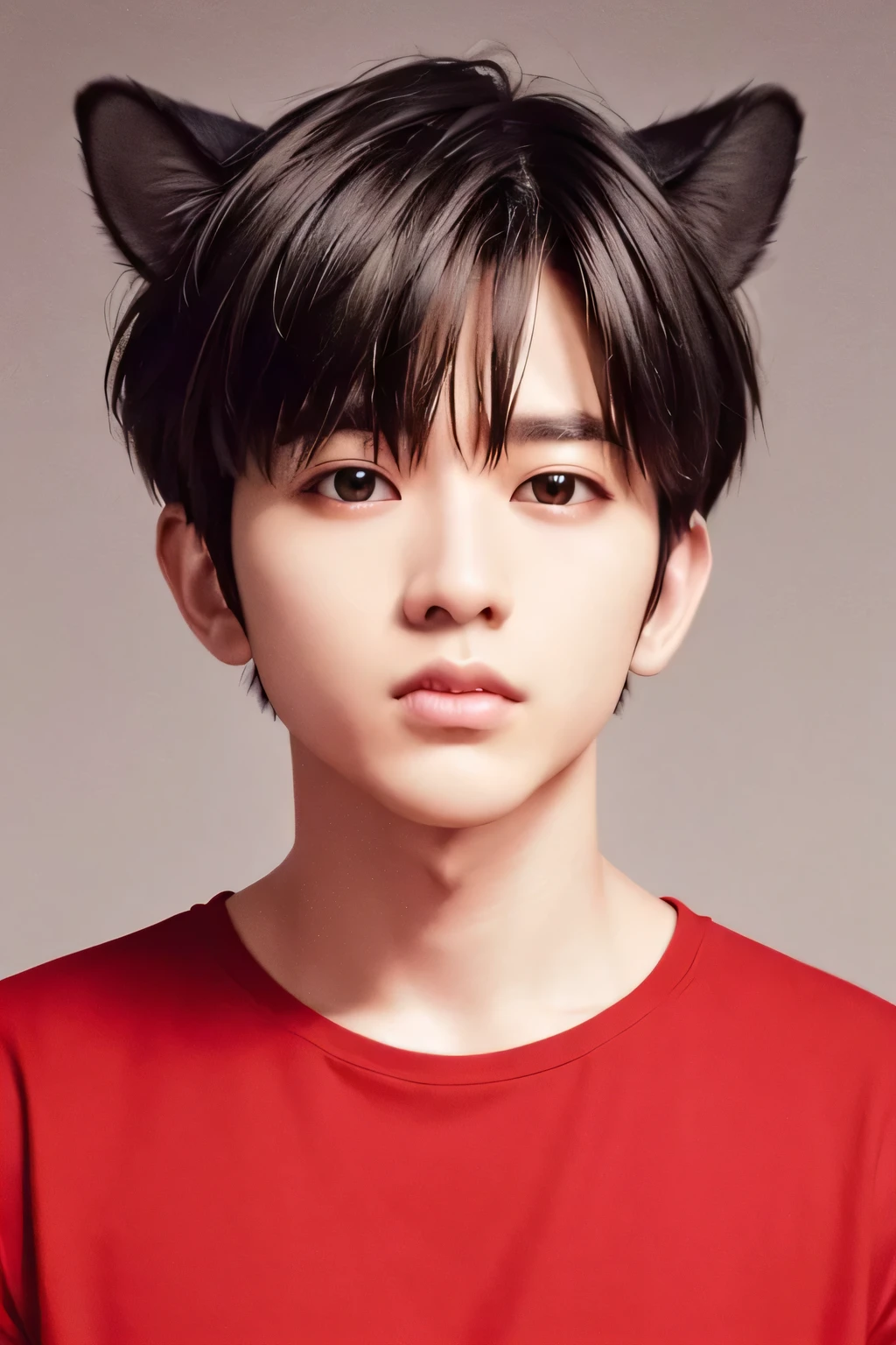 1Male、4K、Highest quality、masterpiece、(Chiaroscuro:1.23)、(Wear dog ears)、、(Face Shot:1.23)、Short Hair、Jet Black Hair、Red T-shirt