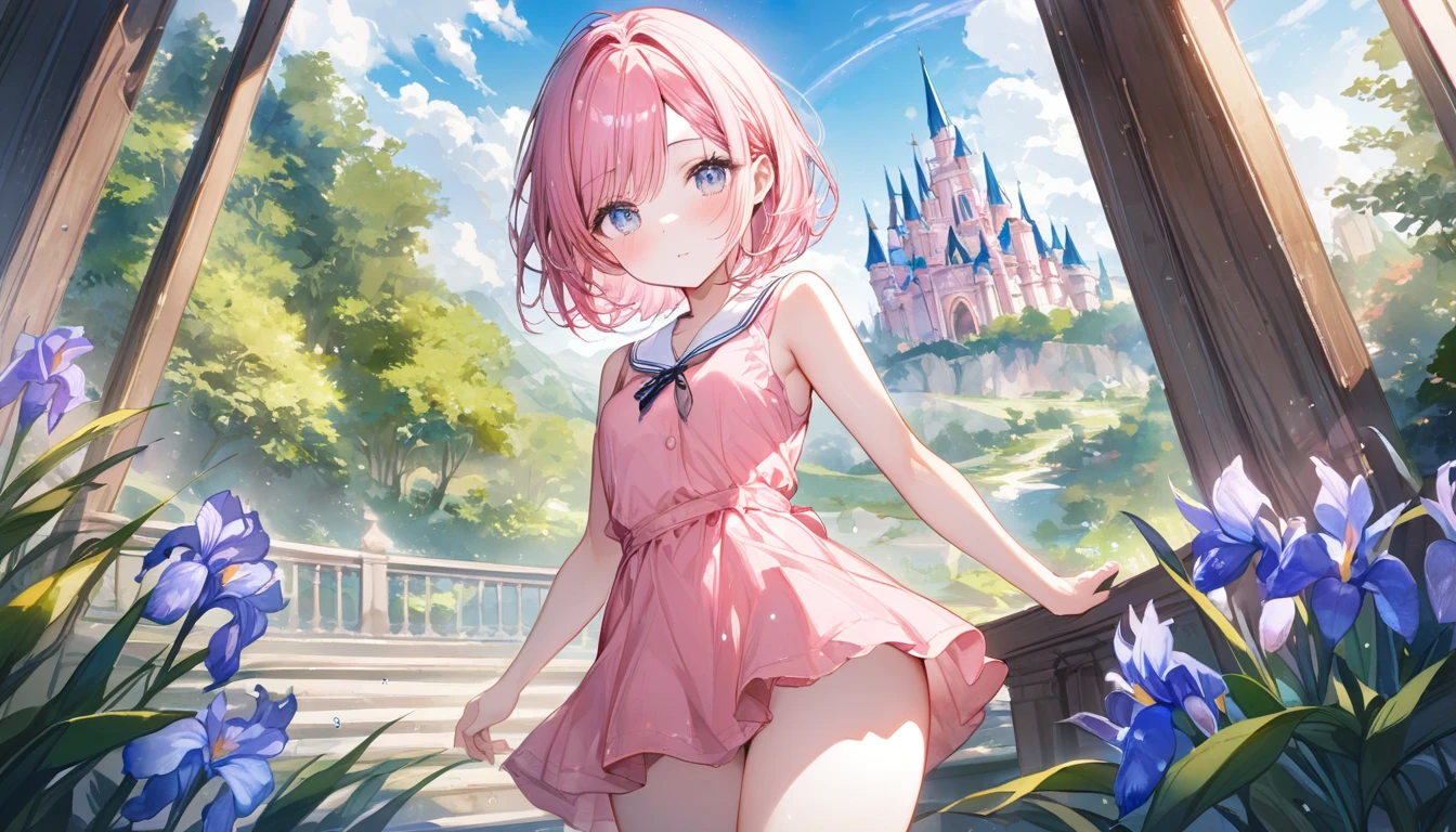 (1 girl),(Best Picture Quality, 8K, Masterpiece:1.3),(watercolor style), (soft blending:1.2), fluid colors, dreamy washes, delicate textures, organic shapes, atmospheric depth, (high school student:1.5), ((pink lob hair:1.1)), (bob cut),(swept bangs), (cute eyes, pupil black, iris skyblue, youthful face), (mole under right eye), (standard weight), (small breasts),(big hip), (glistening skin:1.1),(pale skin:1.2), BREAK cute pink dress, sleeveless, short skirt, BREAK (fantasy pink castle), (magical aura), (lush green garden in foreground), blue sky with fluffy clouds, (bright daylight:1.2) BREAK (magnificent panorama view:1.3), looking at viewer,