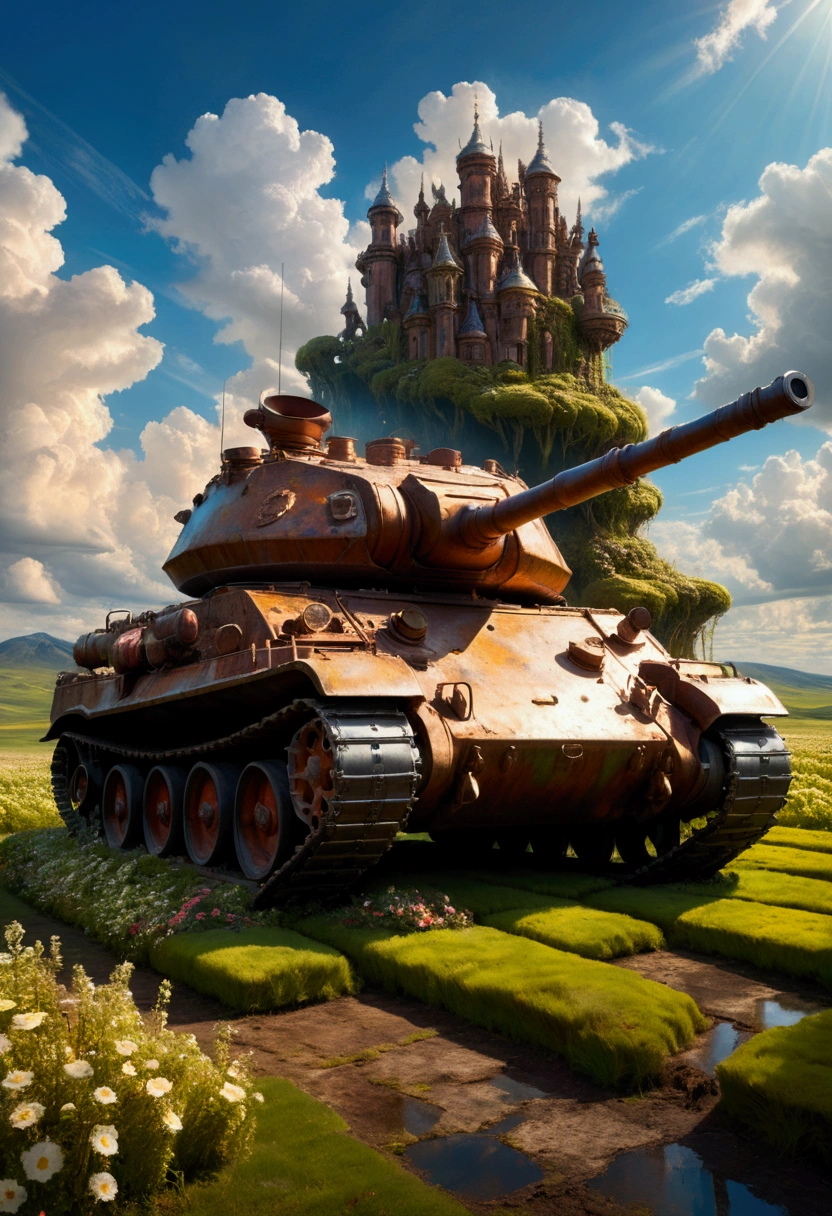 Armored Tank, Rusty broken tank overgrown with wines and moss on a huge sunny flowery field, gorgeous blue sky with clouds and sunbeams, Epic cinematic brilliant stunning intricate meticulously detailed dramatic atmospheric maximalist digital matte painting, masterpiece, best quality, very aesthetic, absurdres