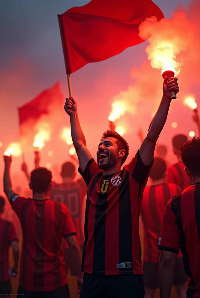 Fans of a soccer game, of a team called Mota whose colors are red and black. With canvas flags flares