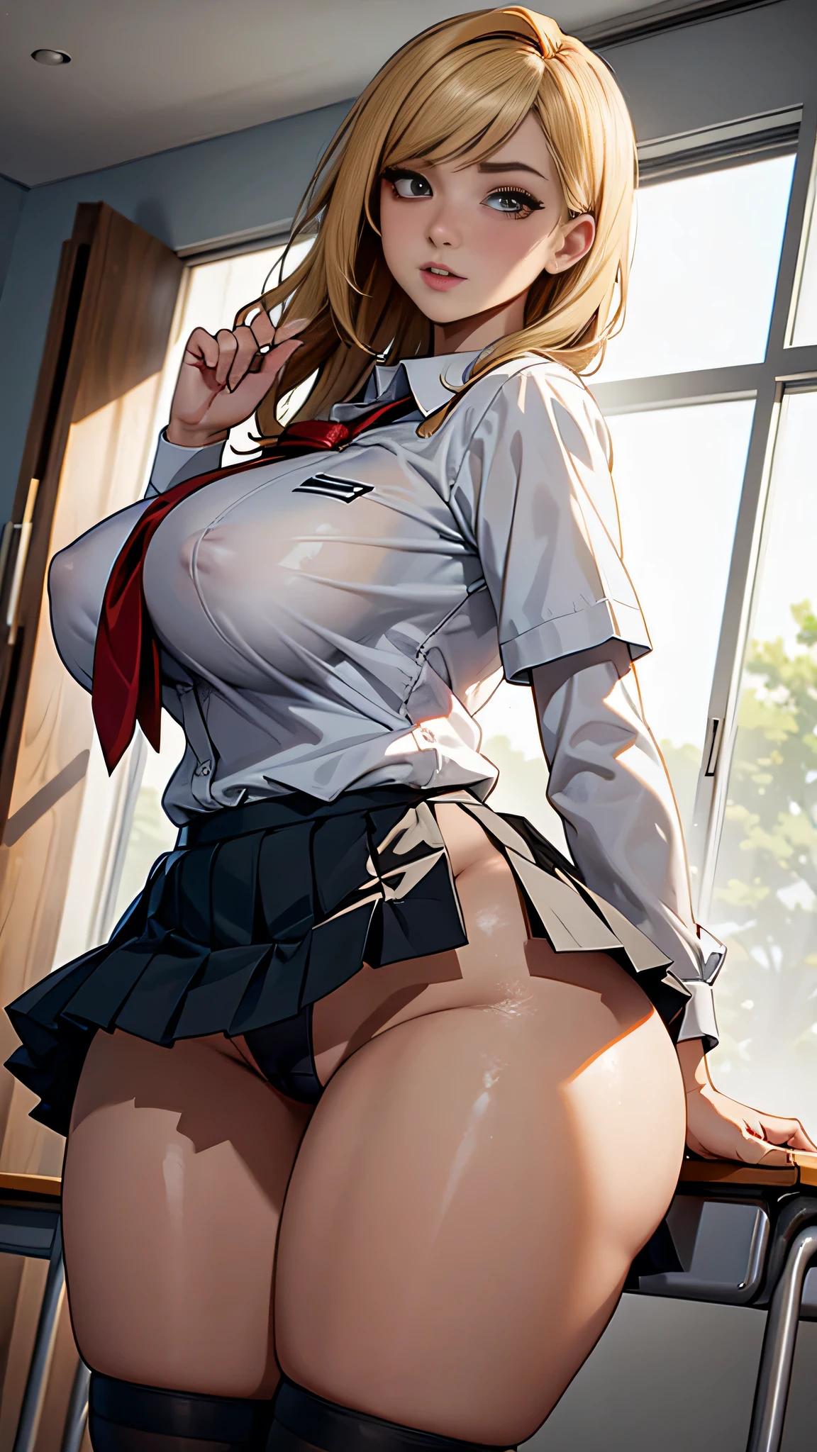 1 girl，high school girl，RAW Photos，High-cut underwear，Low Angle（Angle where you can see inside the skirt:1.3、from below:1.5），camel toe，ultra HD:1.5，Highest quality, Ultra-high resolution:1.3， Brown Skin（very fine and beautiful skin）,bionde, Black gal, Highest quality:1.3,(masterpiece), (Very detailed8K wallpaper:1.1),Very detailed,Cinema Lighting, Detailed light, Best Shadow, Cowboy Shot,between legs，Elaborate panties（High leg pants:1.1）,(Super :1.6）, Plump thighs, mini skirt（Pleated skirt），Indentation:1.1，school uniform，In the classroom